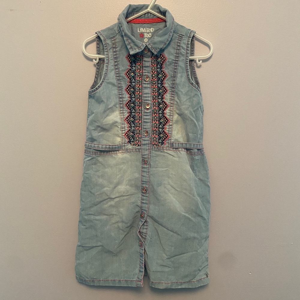 Girls denim sleeveless embroidered dress.